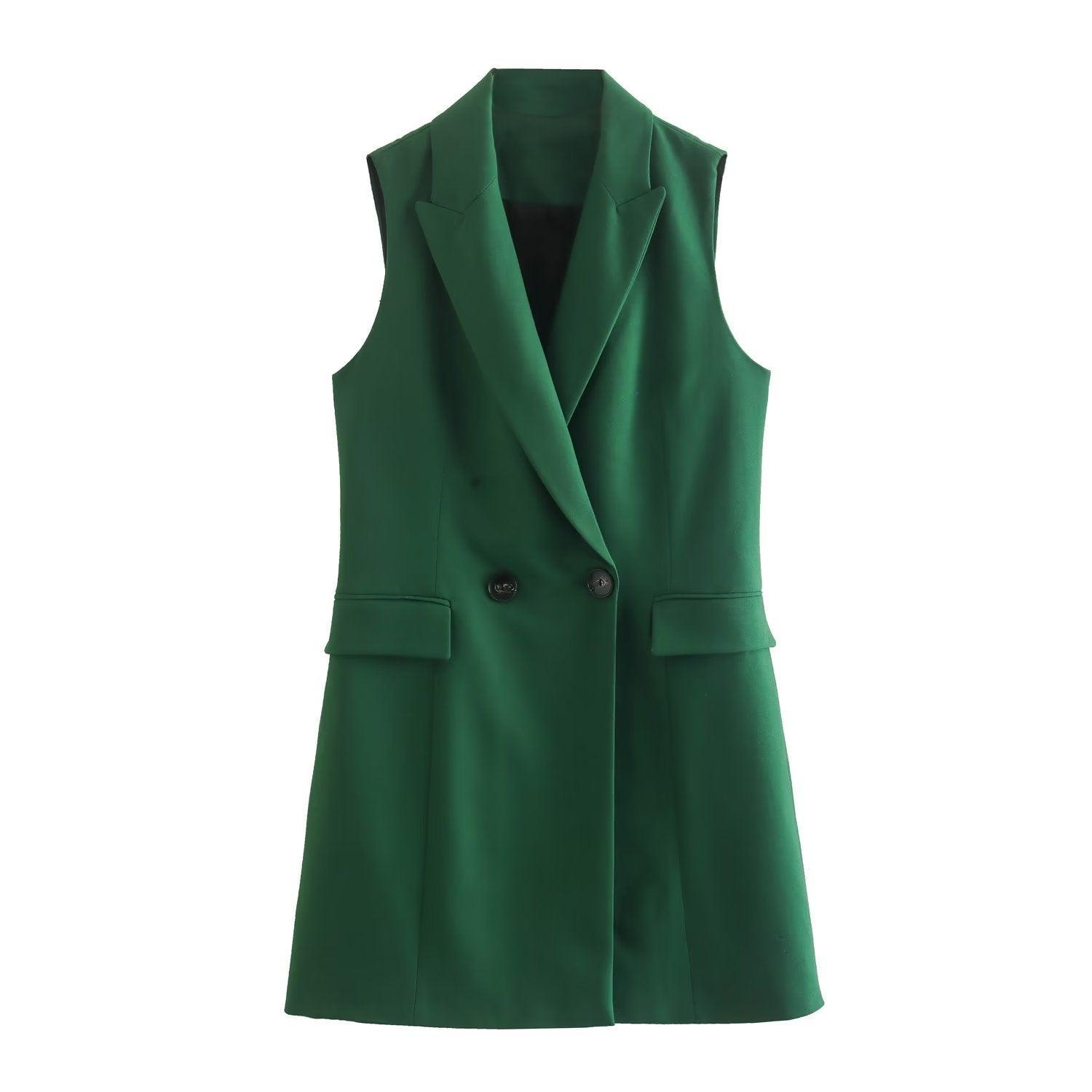 Elegant Style Lapel Green Long Vest for Office Wear - ForVanity jackets & coats, vest, women's clothing Vest