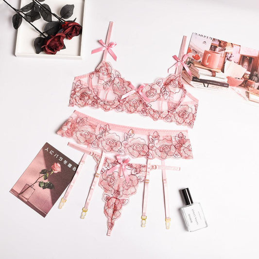 Garter Belt Embroidered Floral Lace Pink Lingerie Three-Piece Set - ForVanity lingerie, women's lingerie Lingerie