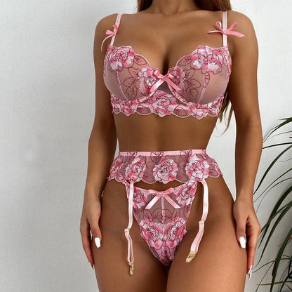 Lingerie Bras For Woman Pink Printed Polyester Piping Garter Bra Panty Sexy  3-Piece Set - Milanoo.com