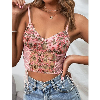 Elegant and Stylish Exquisite Embroidered Floral Lace-Up Camisole Top - ForVanity tops & tees, women's clothing Shirts & Tops