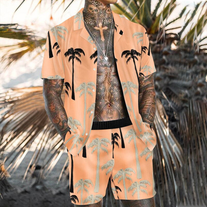 Men's Fashion Leisure Vacation Floral Printed Shirt Set - Stylish Two-Piece Suit