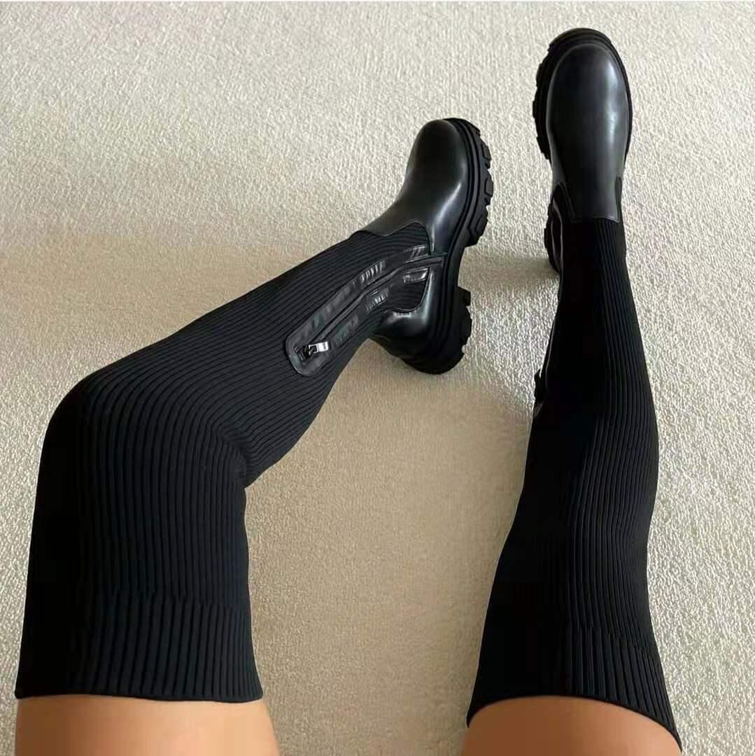 Fashion Platform Sock Over-Knee Black Boots - ForVanity boots, women's shoes Boots