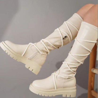 Lace-Up Platform Boots White Long Cowboy Boots Women - ForVanity boots, women's shoes Boots
