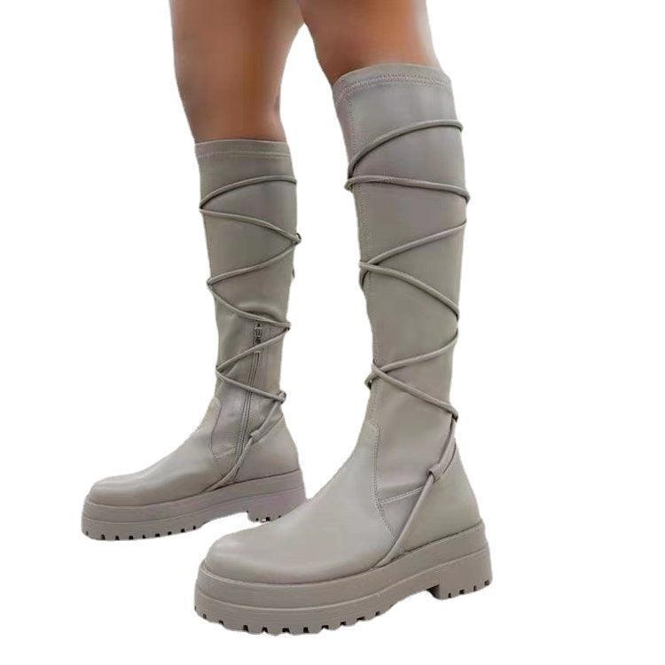 Lace-Up Platform Boots White Long Cowboy Boots Women - ForVanity boots, women's shoes Boots