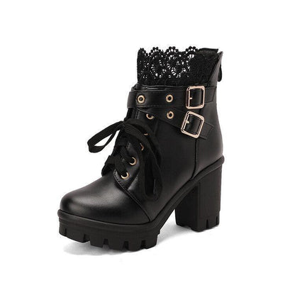 Lace-up Square Heeled Women Boots - ForVanity boots, women's shoes Boots