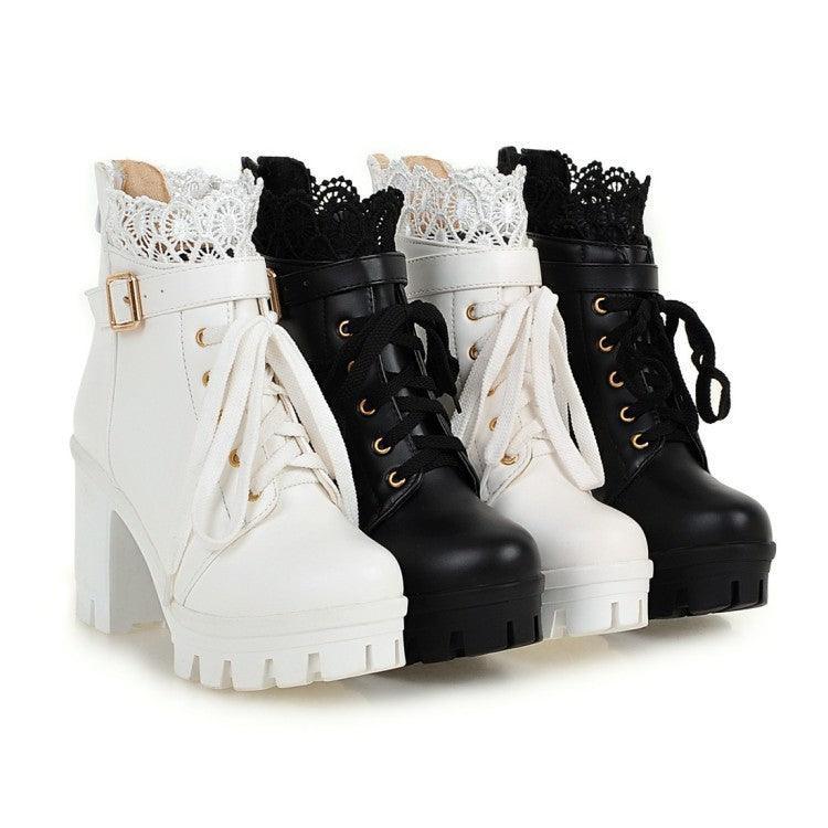 Lace-up Square Heeled Women Boots - ForVanity boots, women's shoes Boots