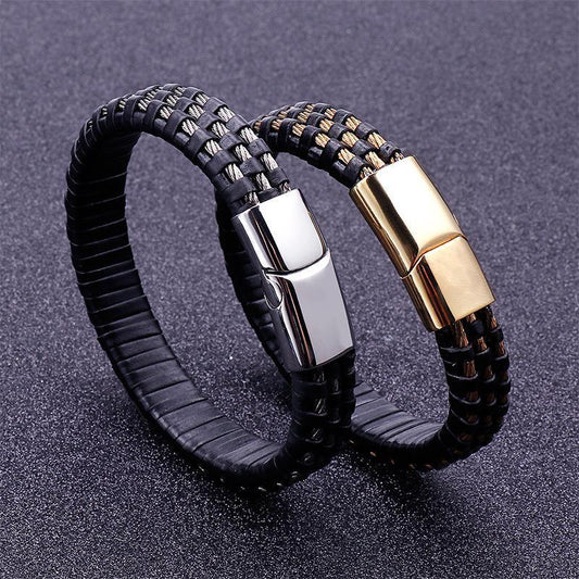 Leather Woven Bracelet with Stainless Steel Clasp - ForVanity bracelets & bangles, men's jewellery & watches Bracelets