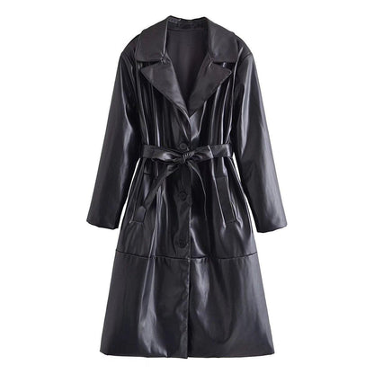 Long Faux Leather Wind Coat - Casual Elegance with Belted Detail - ForVanity coat, jackets & coats, leather, Trench & Coats, women's clothing Trench