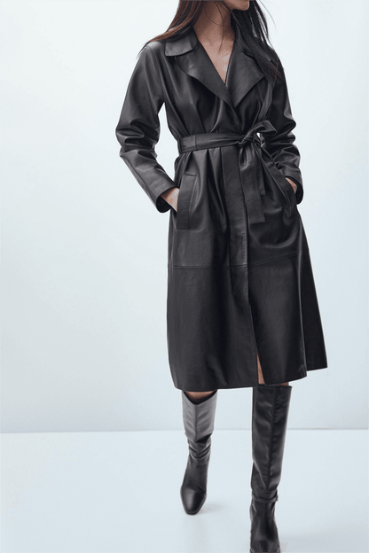 Long Faux Leather Wind Coat - Casual Elegance with Belted Detail - ForVanity coat, jackets & coats, leather, Trench & Coats, women's clothing Trench