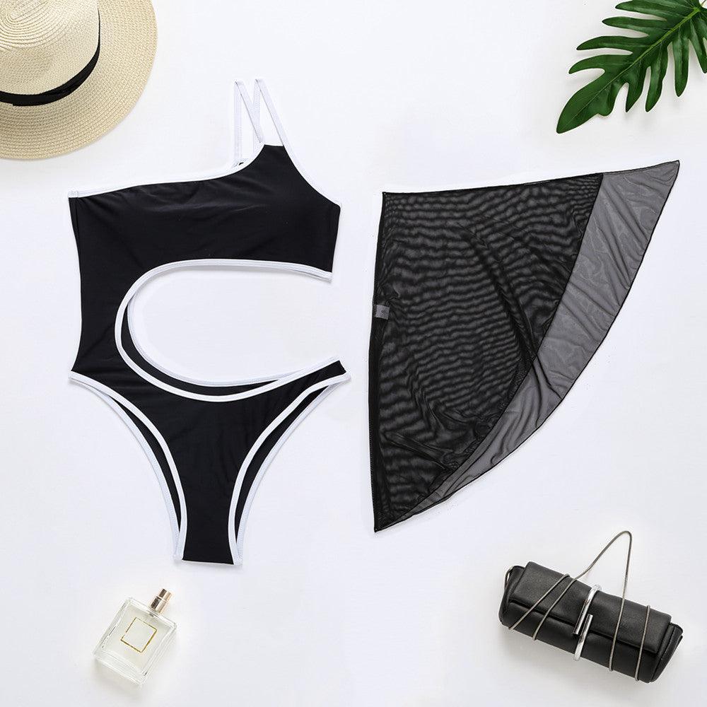 One-Piece Pure Color Swimsuit with Fishnet Element - ForVanity women's lingerie, women's swimwear Swimwear