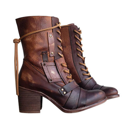 Retro Shoes Lace-up Western Boots Chunky Mid Heel Cowboy Boots - ForVanity boots, women's shoes Boots