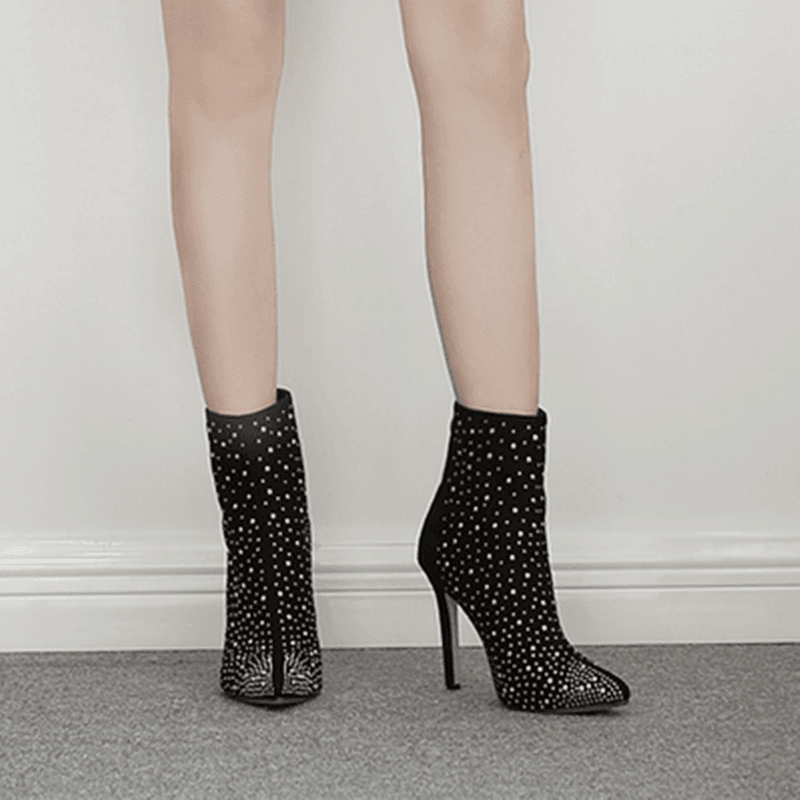 Rhinestone High-heeled Short Boots - ForVanity boots, women's shoes Shoes