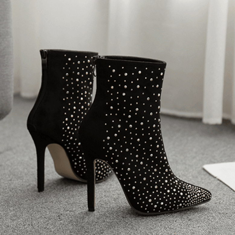 Rhinestone High-heeled Short Boots - ForVanity boots, women's shoes Shoes