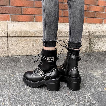 Rivet Belt Buckle Lace Boots - ForVanity boots, women's shoes Shoes