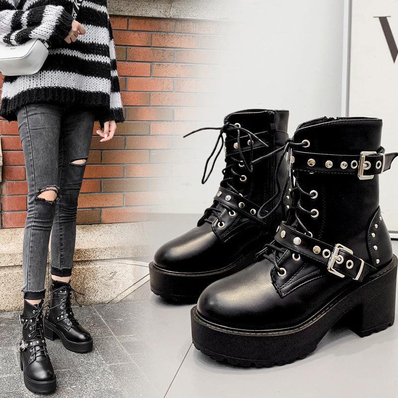 Rivet Belt Buckle Lace Boots - ForVanity boots, women's shoes Shoes