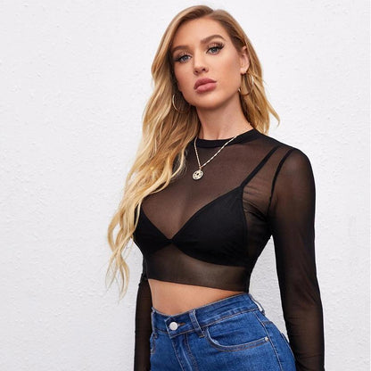 Add a Touch of Seduction with Our See-Through Lace Mesh Crop Top - ForVanity tops & tees, women's clothing Shirts & Tops