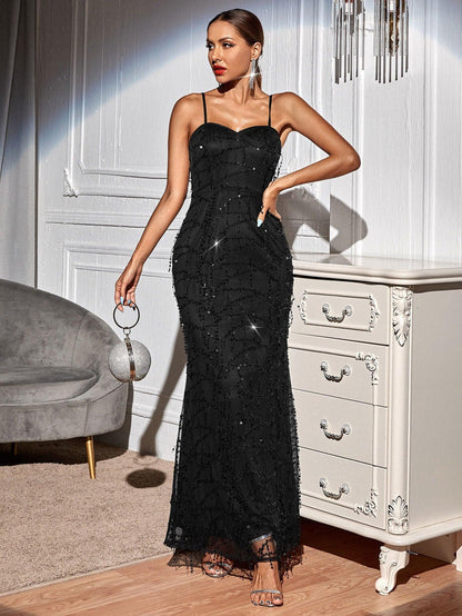 Starlight Elegance: Backless Strap Maxi Dress with Sequin, Fringe, and Lace Detail - ForVanity dress, formal dress, long dress, women's clothing Dresses