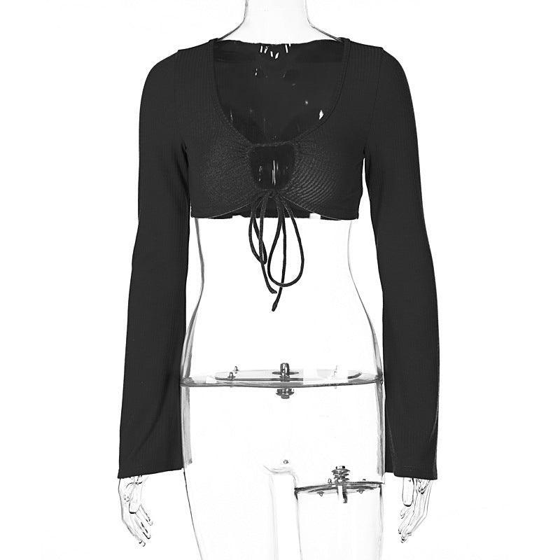 Sexy Lace-up Cutout Navel Long Sleeve Crop Top - ForVanity tops & tees, women's clothing Shirts & Tops