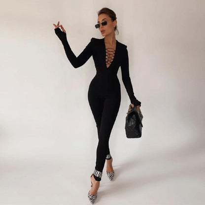 V-Neck Long Sleeve Tight High Waist Hip Lifting Solid Color Jumpsuit for Women - ForVanity jumpsuits, Jumpsuits & Rompers, women's clothing Jumpsuits