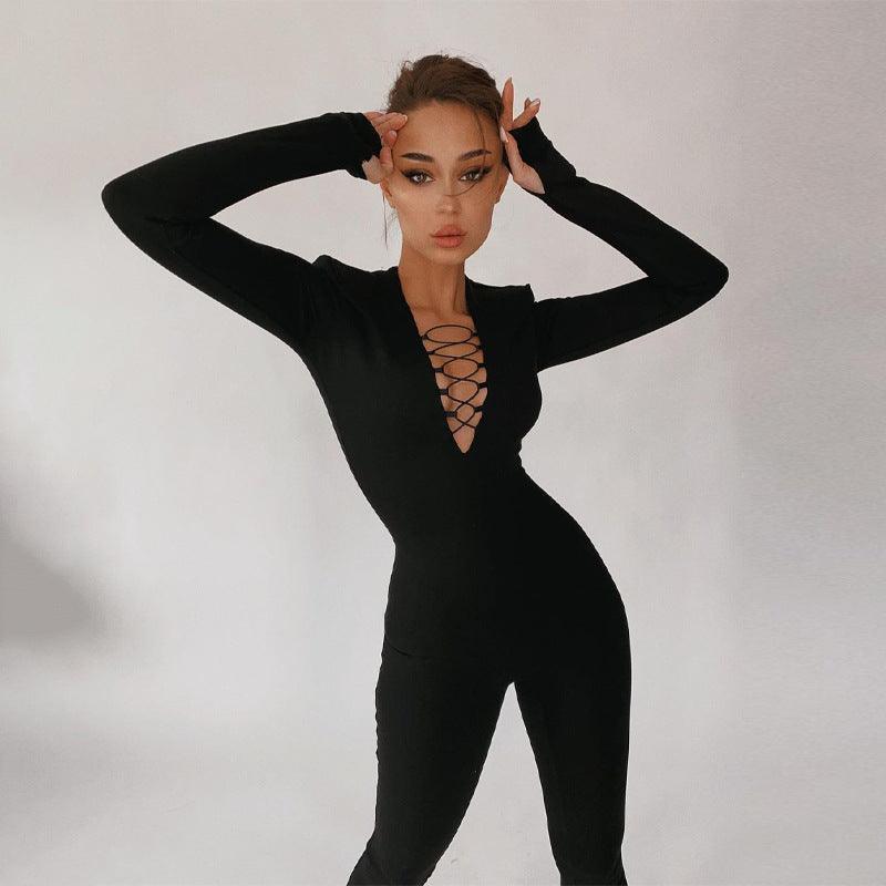 V-Neck Long Sleeve Tight High Waist Hip Lifting Solid Color Jumpsuit for Women - ForVanity jumpsuits, Jumpsuits & Rompers, women's clothing Jumpsuits