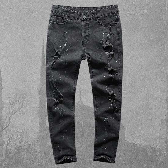 Washed and cut hole type men's black hole jeans - ForVanity Clothes