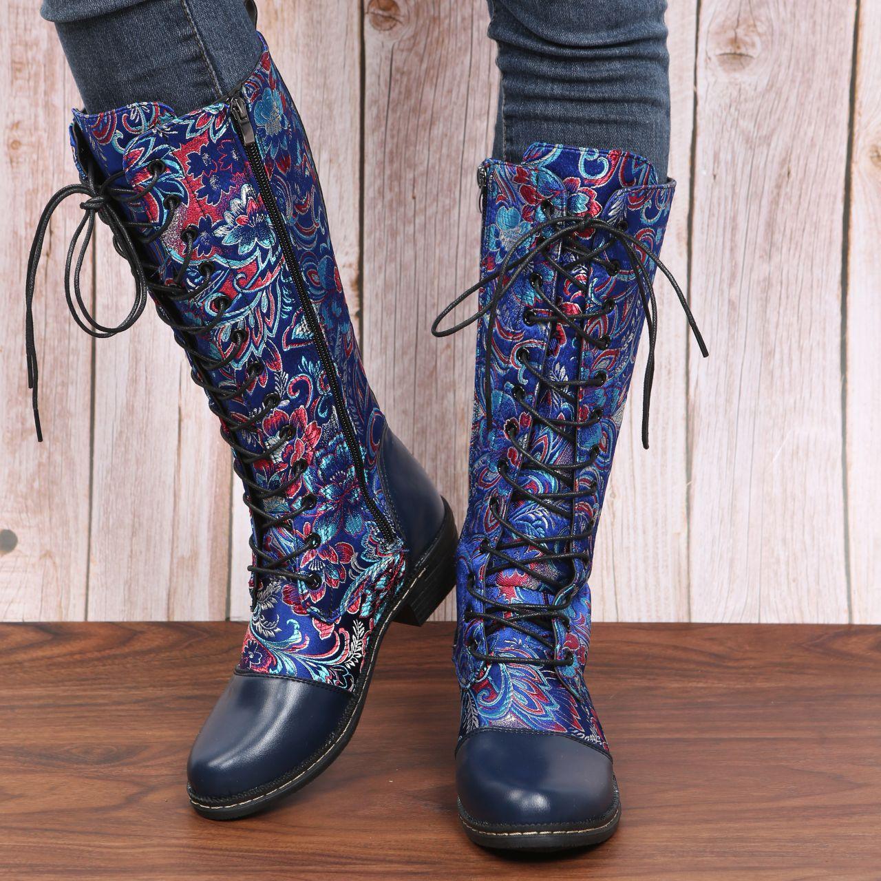 Winter Retro Ethnic Style Lace-up Heeled Long Boots - ForVanity boots, women's shoes Boots