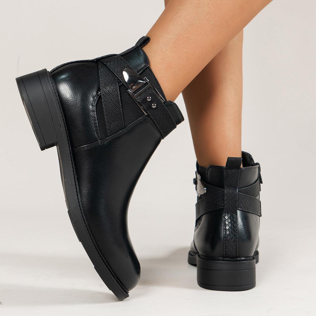 Women Black Ankle Side Zipper Buckle Boots - ForVanity boots, women's shoes Boots