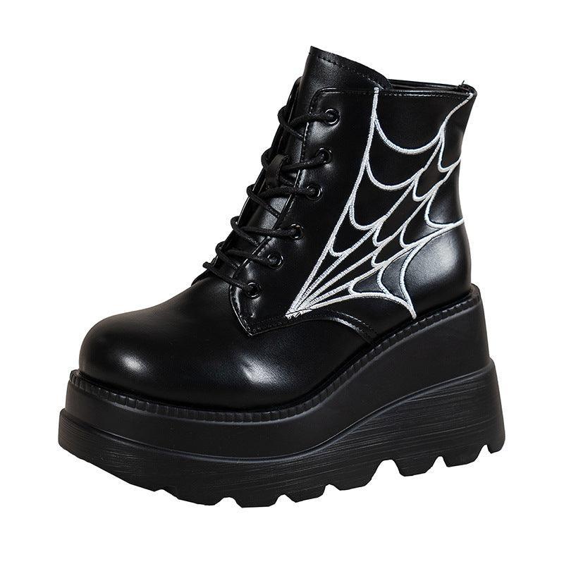 Women Black Spider Web Print Chunky Heel Boots - ForVanity boots, women's shoes Boots