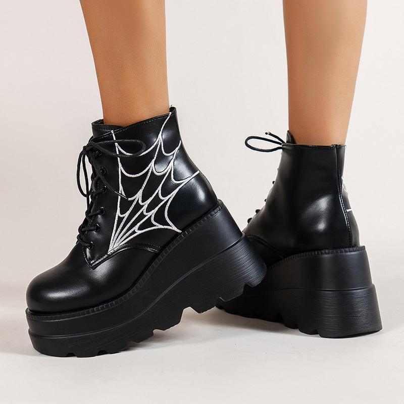Women Black Spider Web Print Chunky Heel Boots - ForVanity boots, women's shoes Boots