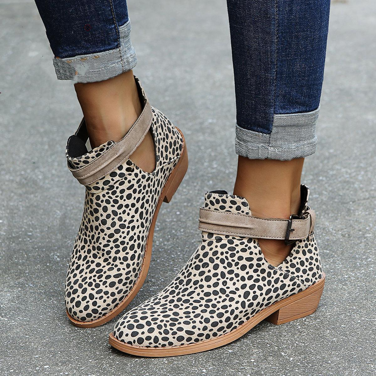 Women Buckle Ankle Leopard V Cutout Boots - ForVanity boots, women's shoes Boots
