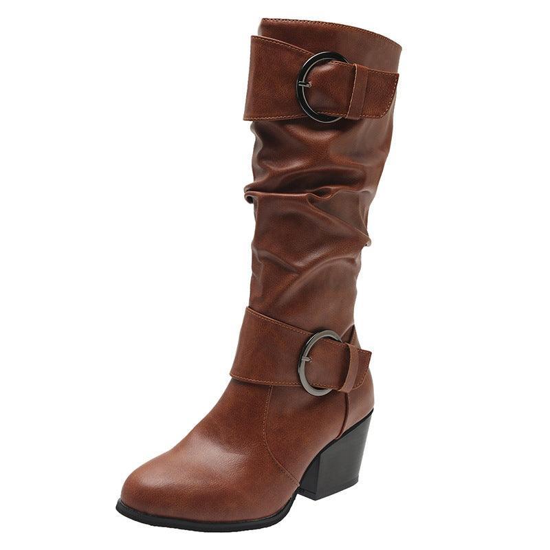 Women's Buckle Chunky Mid Heel Boots - ForVanity boots, women's shoes Boots
