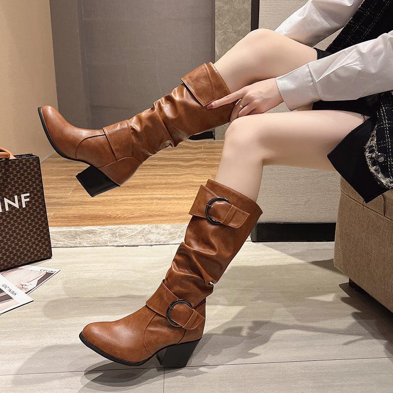Women's Buckle Chunky Mid Heel Boots - ForVanity boots, women's shoes Boots