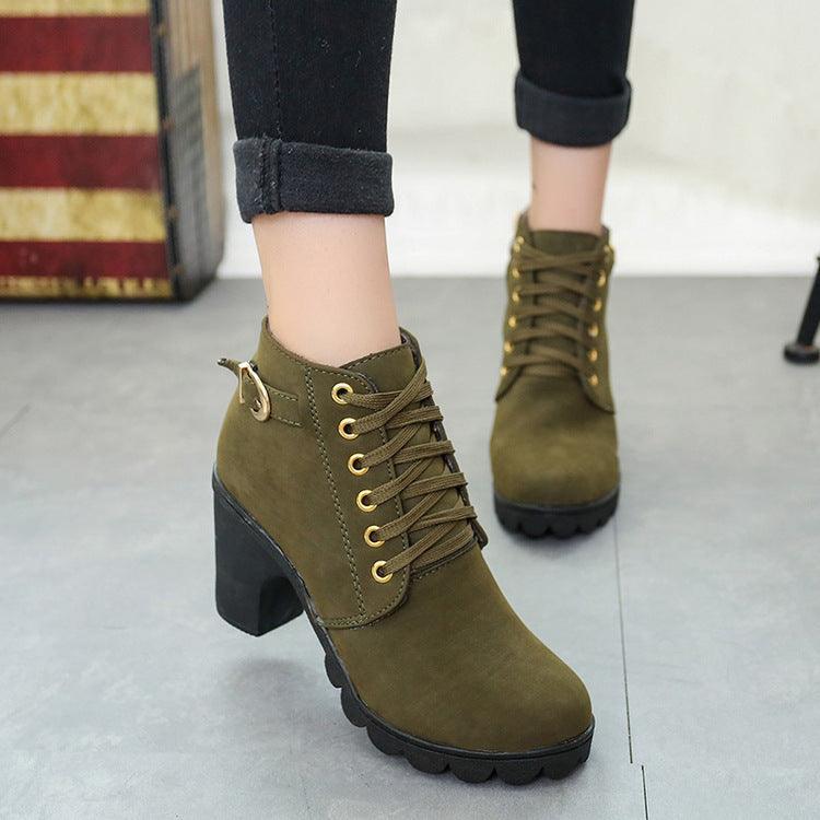 Women Chunky Block Heel Buckle Ankle Boots - ForVanity boots, women's shoes Boots