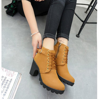 Women Chunky Block Heel Buckle Ankle Boots - ForVanity boots, women's shoes Boots