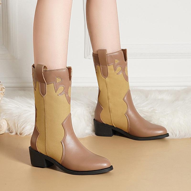 Women Cowboy Low Heel Mid Calf Boots - ForVanity boots, women's shoes Boots