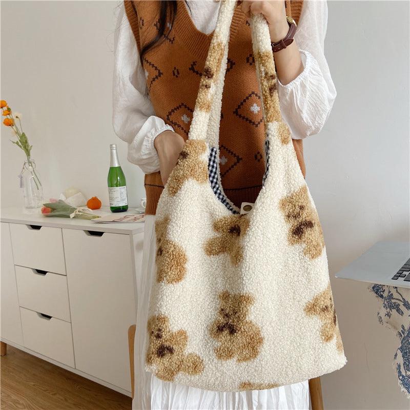 Women Cute Bear Print Winter Lamb Shopping Handbags - ForVanity tote bags, women's bags Shopping Totes