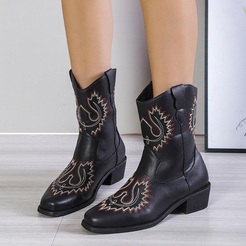 Women Embroidery Western Mid Heel Boots - ForVanity boots, women's shoes Boots