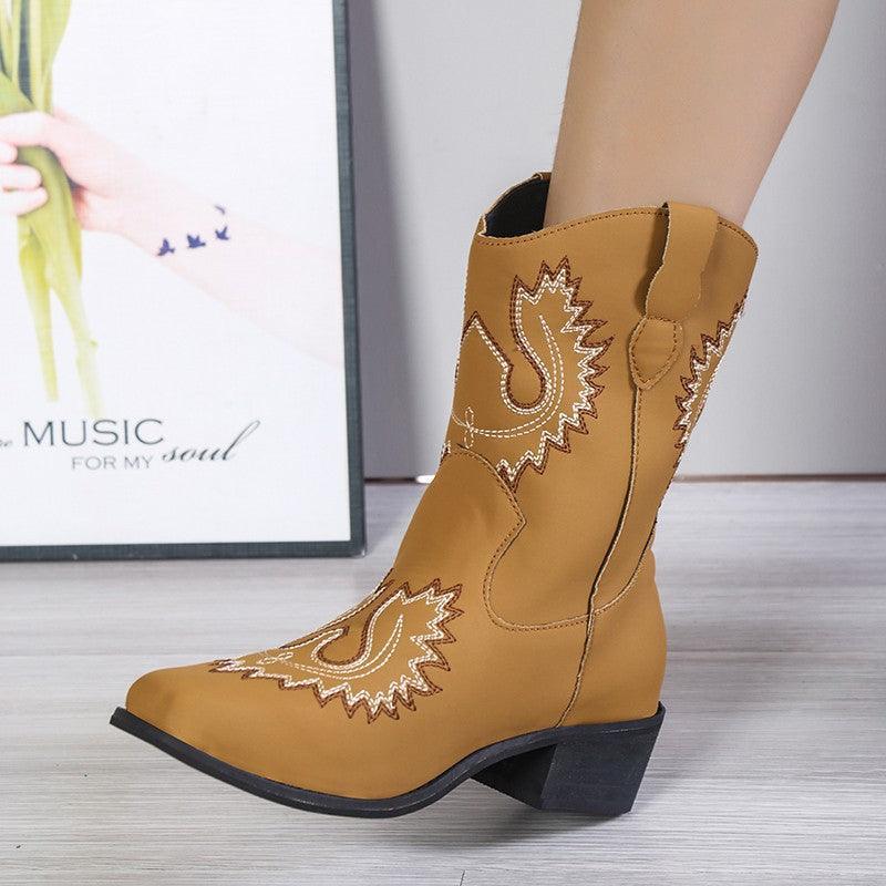 Women Embroidery Western Mid Heel Boots - ForVanity boots, women's shoes Boots