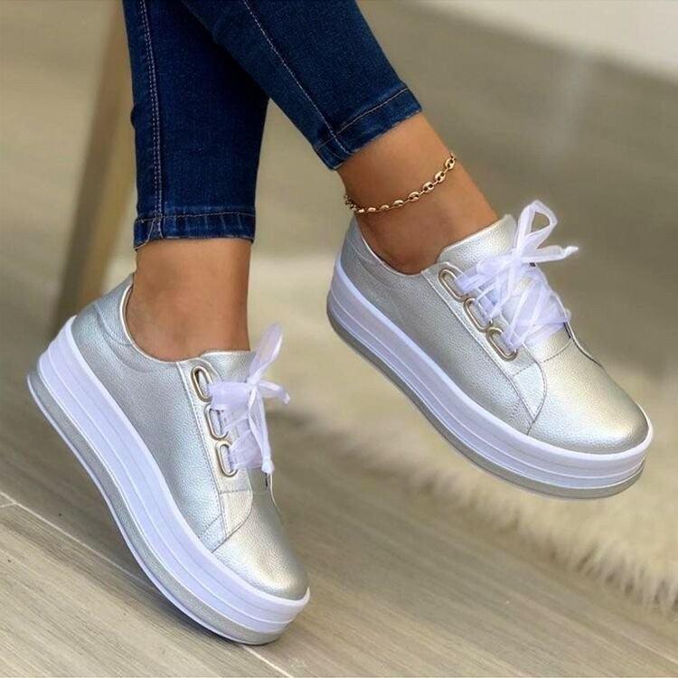 Chic Ribbon Lace-up Platform Sneakers for Women - Stylish & Comfortable Flats - ForVanity sneakers, women's shoes Sneakers