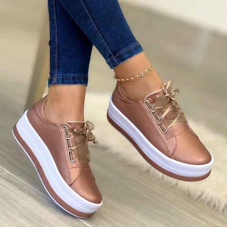 Chic Ribbon Lace-up Platform Sneakers for Women - Stylish & Comfortable Flats - ForVanity sneakers, women's shoes Sneakers