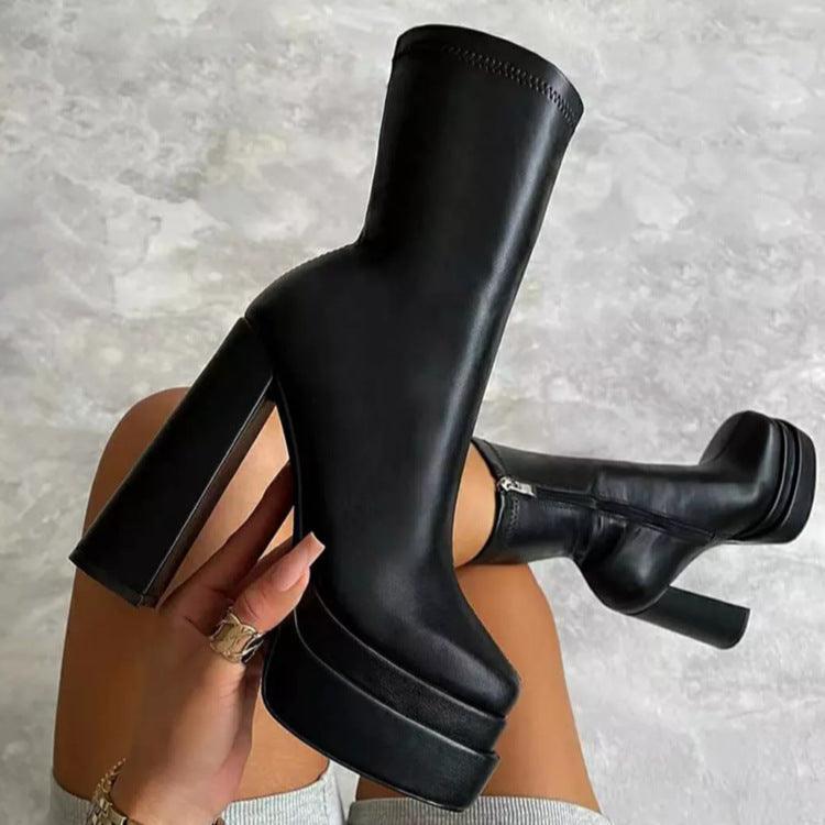 Women Heeled Thick Platform Mid Calf Round Toe Boots - ForVanity boots, women's shoes Boots