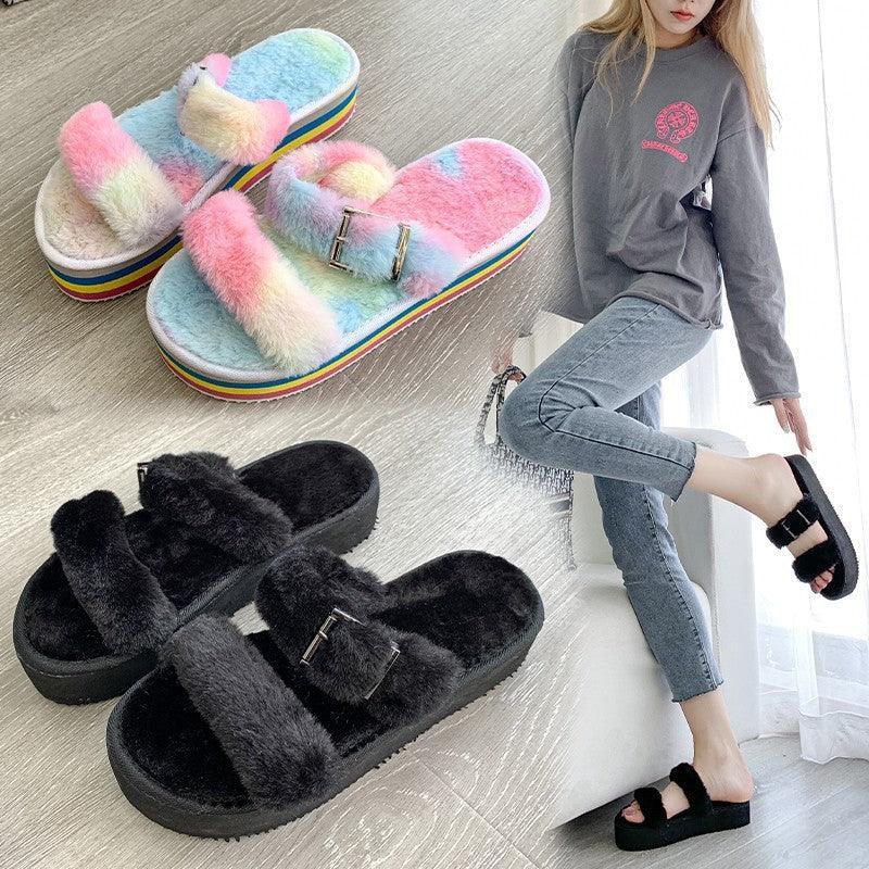 Rainbow Plush Slippers for Women - ForVanity slippers, women's shoes Slippers