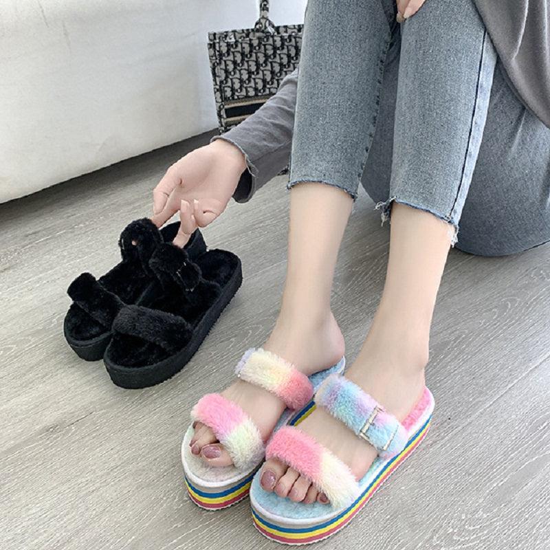 Rainbow Plush Slippers for Women - ForVanity slippers, women's shoes Slippers
