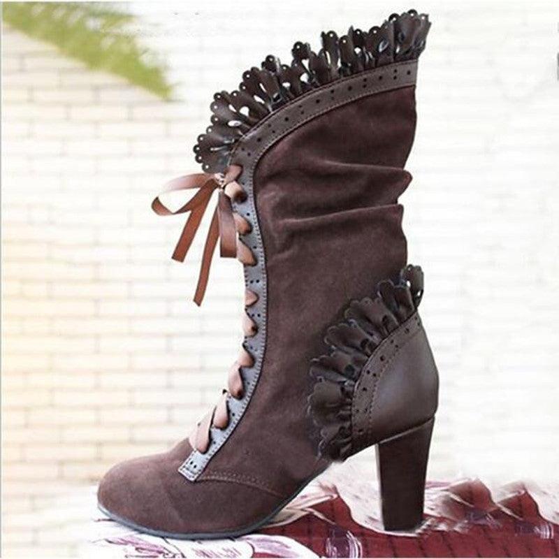 Women Lace-Up Ruffle Design Ethnic Boots - ForVanity boots, women's shoes Boots