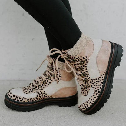 Women Lace Up Winter Low Heel Leopard Boots - ForVanity boots, women's shoes Boots