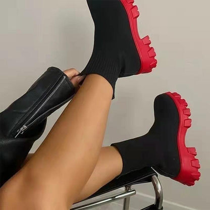 Women Platform Chunky Heels Sock Boots - ForVanity boots, women's shoes Boots