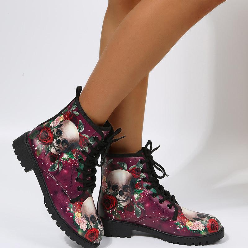 Women Rose Flower Print Lace-up Ankle Boots - ForVanity boots, women's shoes Boots