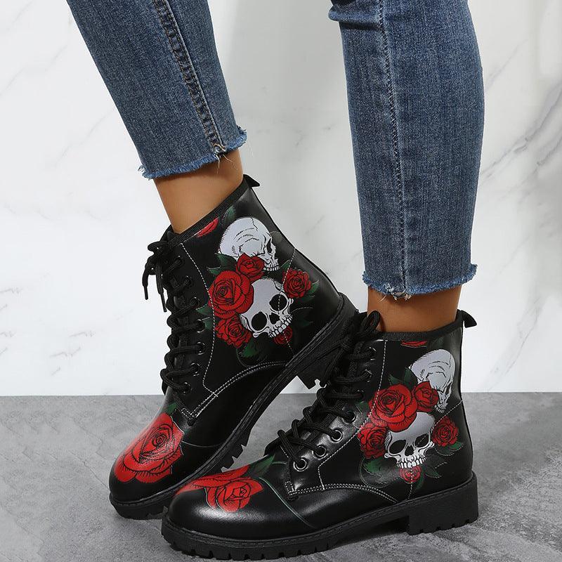 Women Rose Flower Print Lace-up Ankle Boots - ForVanity boots, women's shoes Boots