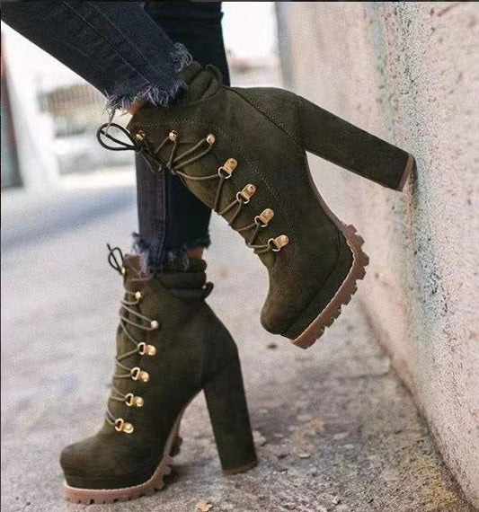 Women Round Toe Lace UP High Heels Boots - ForVanity boots, women's shoes Boots