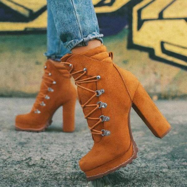 Women Round Toe Lace UP High Heels Boots - ForVanity boots, women's shoes Boots